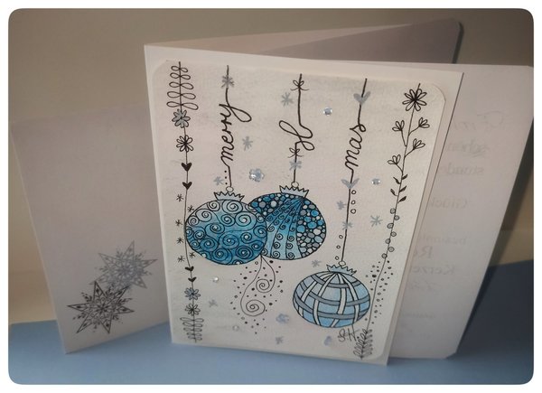 Weihnachtskarten handgemalt "Kugeln blau/silber"