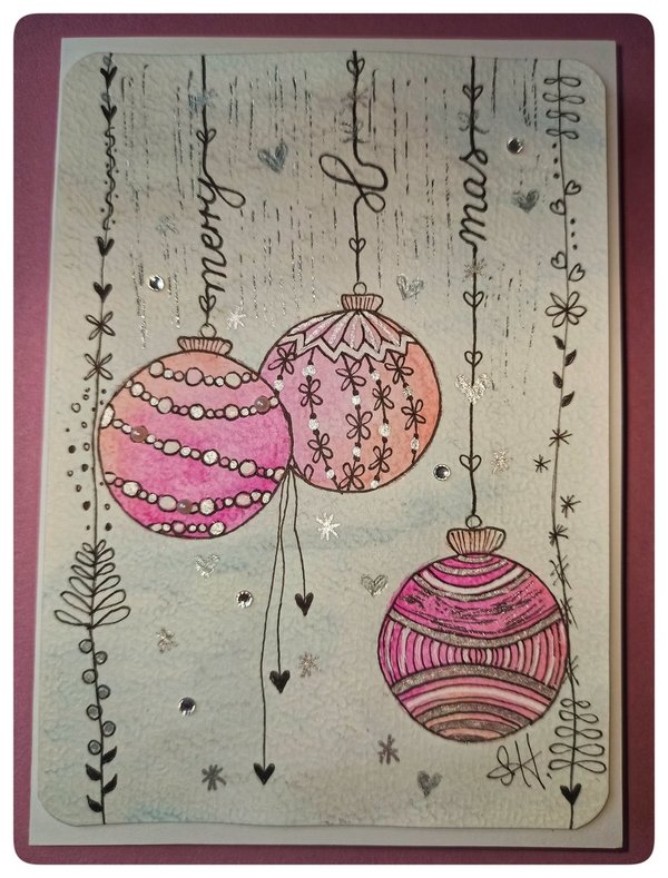 Weihnachtskarten handgemalt "Kugeln rosa/silber"
