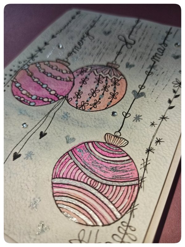 Weihnachtskarten handgemalt "Kugeln rosa/silber"
