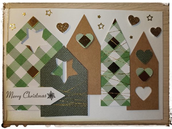 Weihnachtskarten gebastelt "Häuser grün/gold"