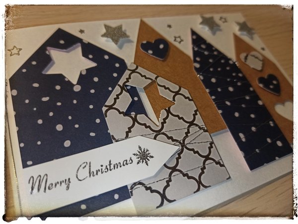 Weihnachtskarten gebastelt "Häuser blau /silber"