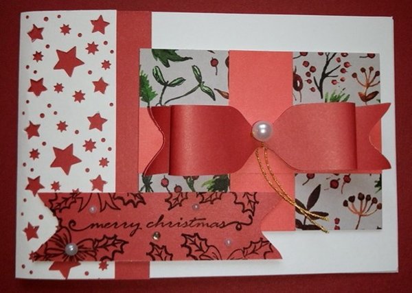 Weihnachtskarten gebastelt "Geschenk mit Schleife rot/lachs"