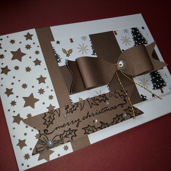 Weihnachtskarten gebastelt "Geschenk mit Schleife braun"