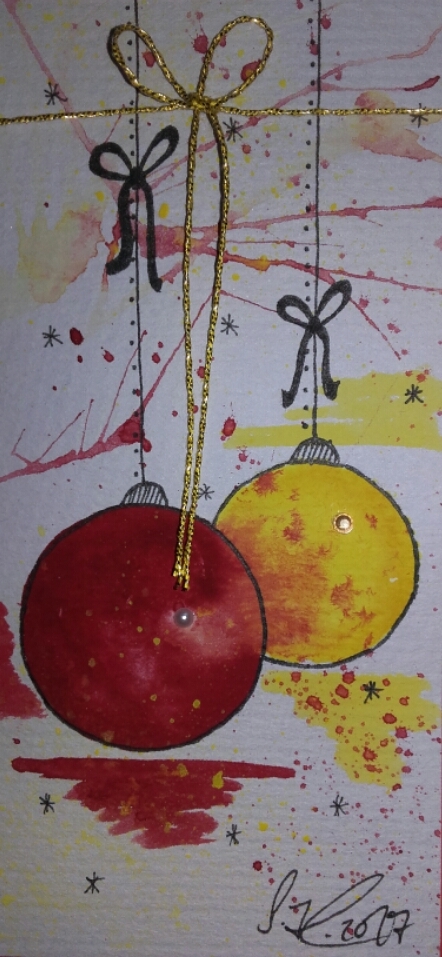 Weihnachtskarten handgemalt "Kugeln rot/gelb"