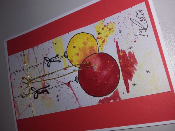 Weihnachtskarten handgemalt "Kugeln rot/gelb"