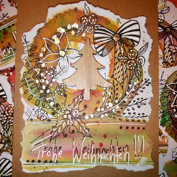 Weihnachtskarten handgemalt "Kranz mit Holztanne/natur"